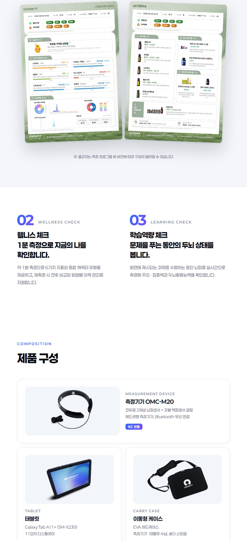 옴니핏 마인드케어 미니 결과 리포트와 제품 구성